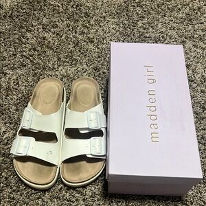Madden Girl White Buckle Slide Sandals
